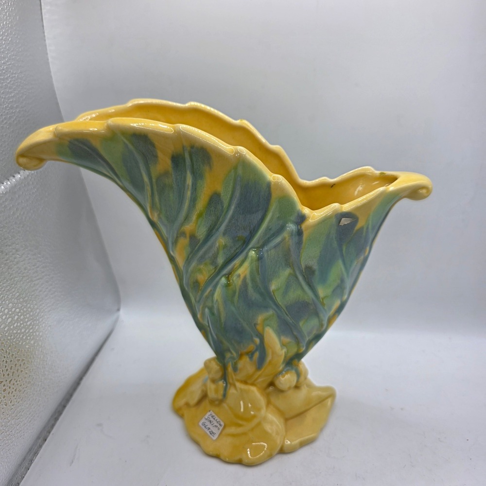 Vintage Royal Haeger Royal Hickman Yellow Drip Glaze Fan Leaf Vase 1940s USA
